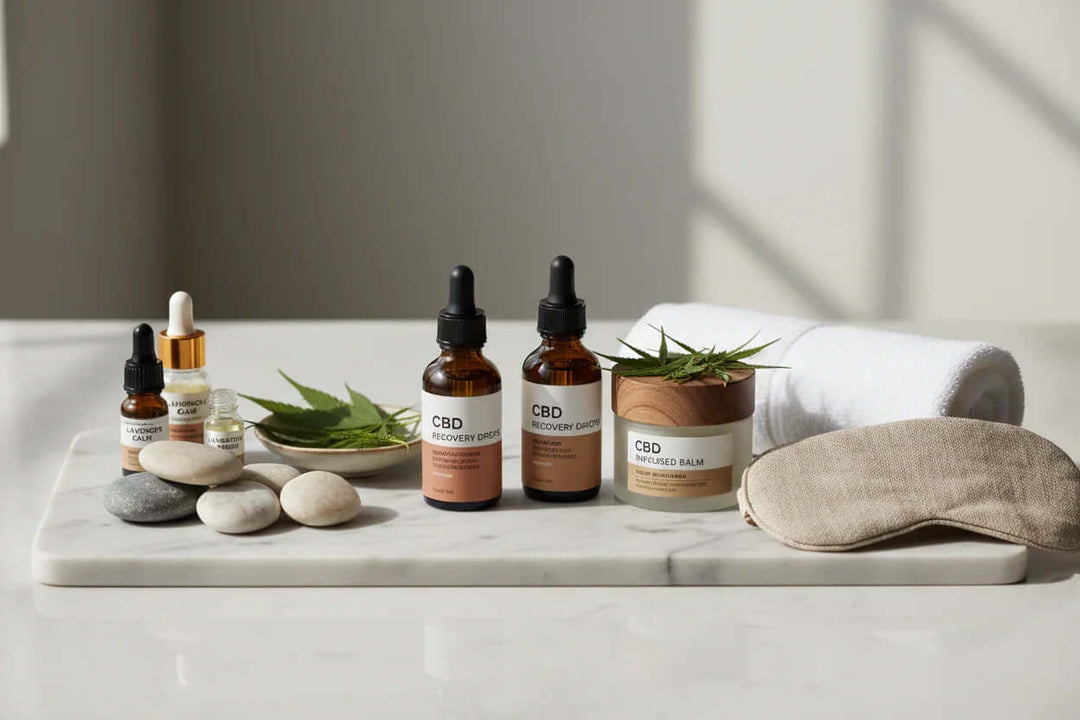 CBD recovery drops and infused balm with hemp leaves, stones, rolled towel, and eye mask on marble surface