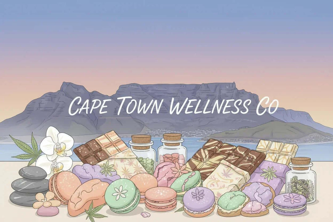 Illustration of edibles including chocolate, macarons, and jars with Table Mountain backdrop, Cape Town wellness theme