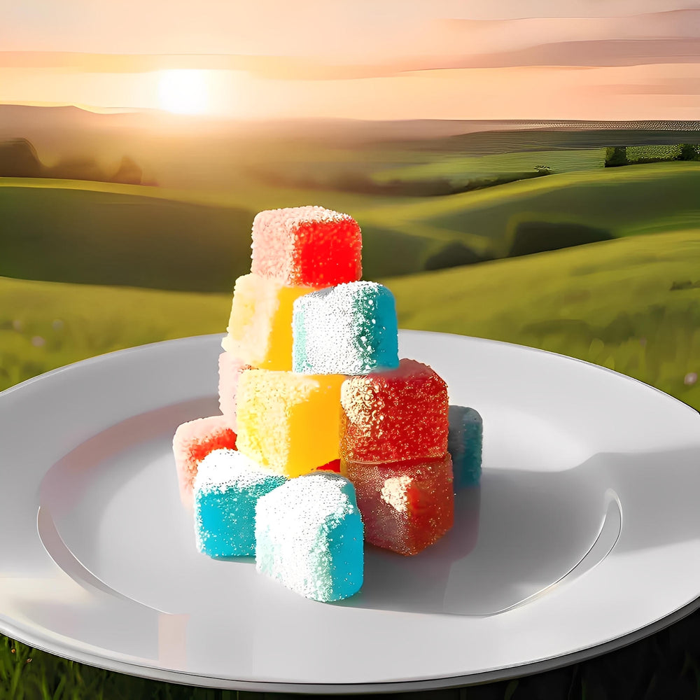 Colorful gummy candy hearts on a white plate with a scenic background