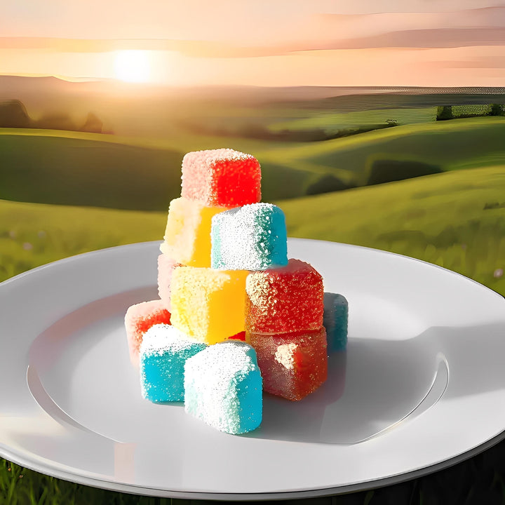 Colorful gummy candy hearts on a white plate with a scenic background