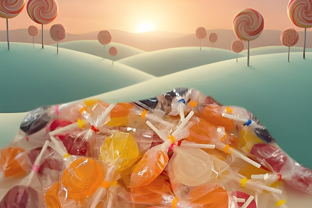 Assorted colorful lollipops arranged on a light surface showcasing a vibrant and eye-catching edible display