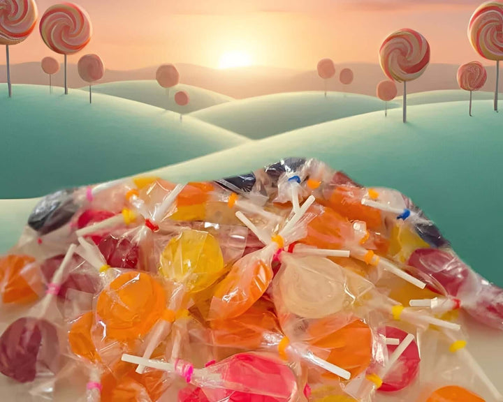 Assorted colorful lollipops on a light surface