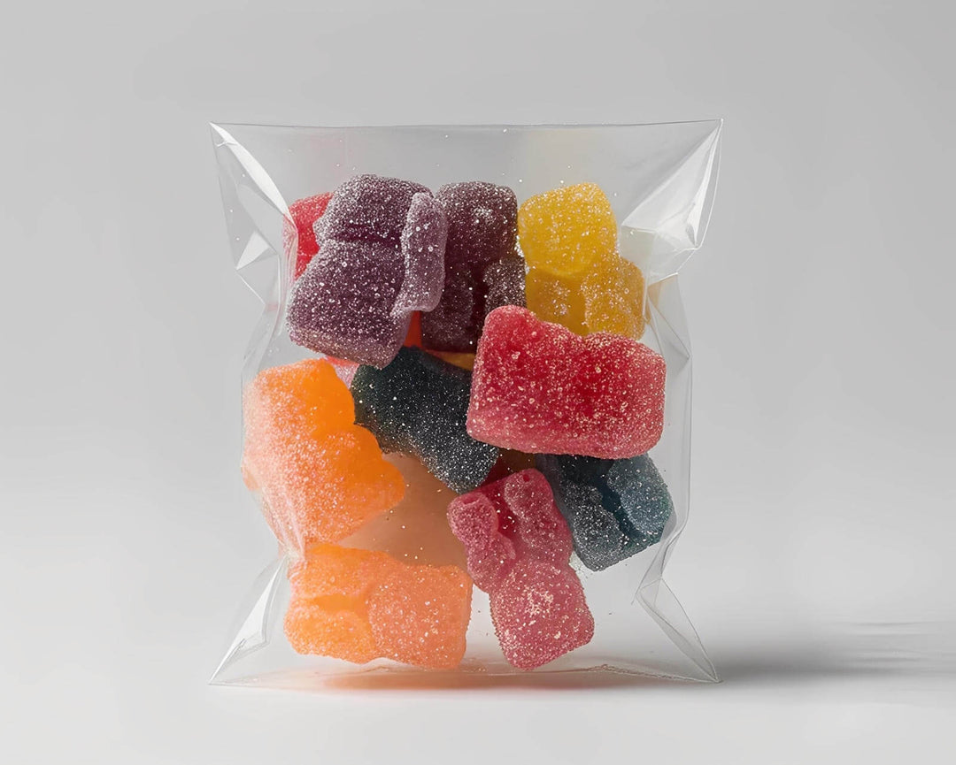 Colorful gummy bears in a clear plastic bag on a textured surface