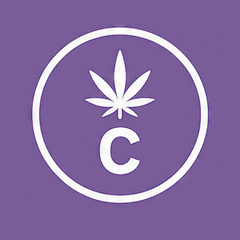 White cannabis leaf and letter C logo representing cannabis branding on a purple background