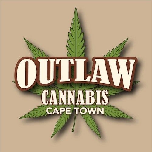 Outlaw Cannabis Cape Town logo with cannabis leaves on a beige background