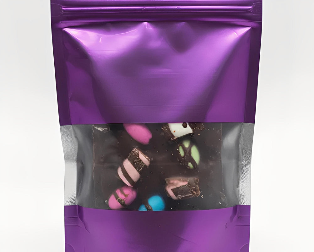 Purple packaging with a clear window showing colorful items inside.