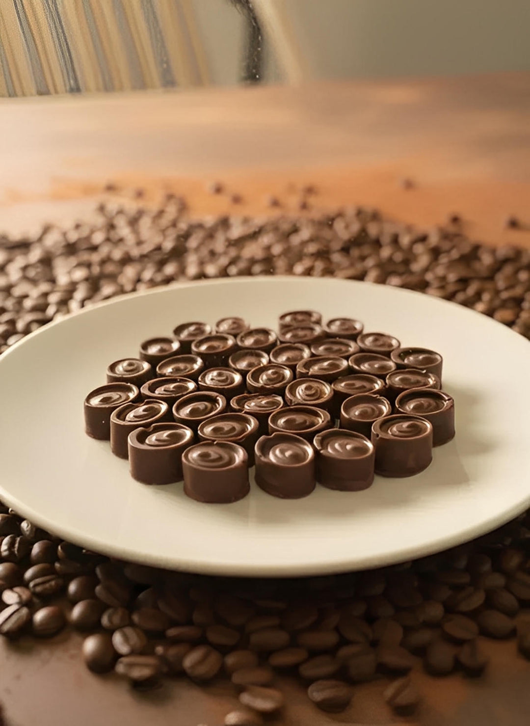 Chocolate cannabis bonbons on white plate with coffee beans, Cape Town, South Africa