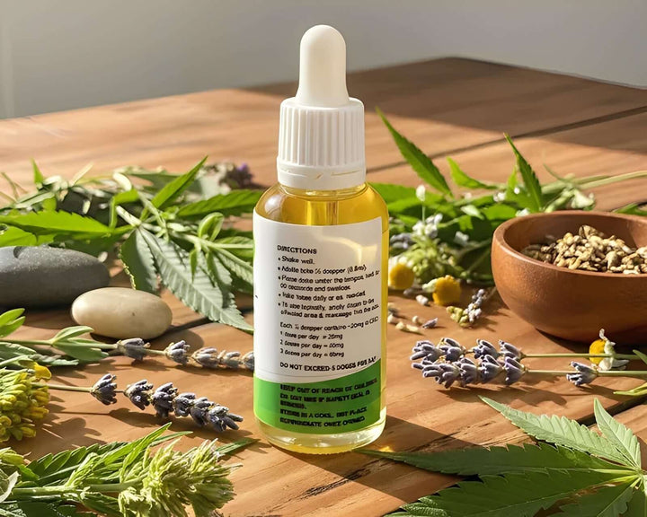 CBD oil dropper bottle with directions, surrounded by cannabis leaves and herbs on wooden table