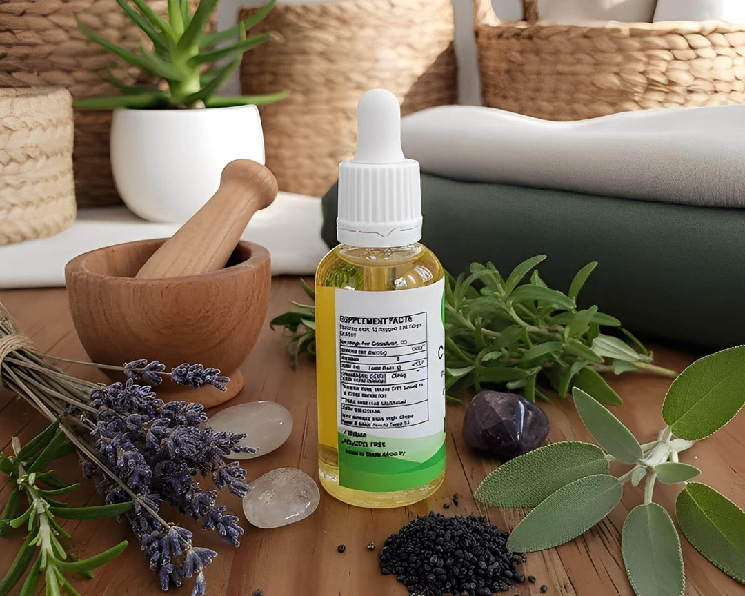 CBD oil dropper bottle with herbs, lavender, crystals, and mortar on wooden table