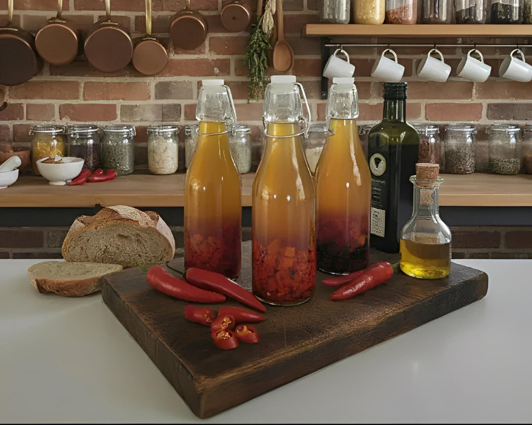 Bottles of chili oil with red peppers on a wooden board in a rustic Cape Town kitchen.