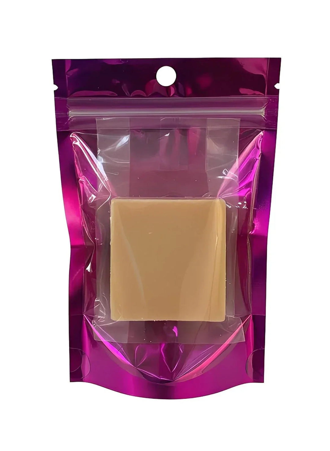 Pink transparent packaging bag Fudge on a light gray surface