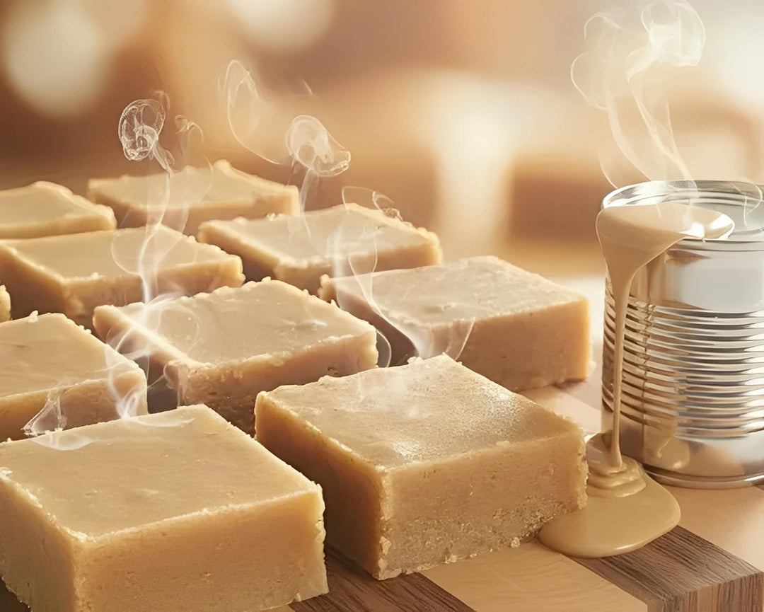 Fresh cannabis fudge squares with steam and caramel tin on wooden board, Cape Town