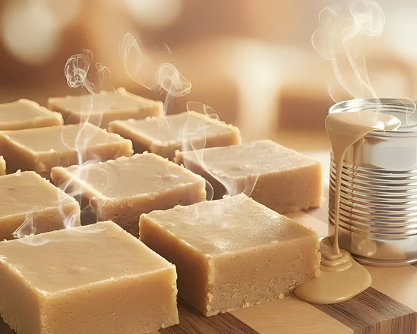 Fresh cannabis fudge squares with steam and caramel tin on wooden board, Cape Town