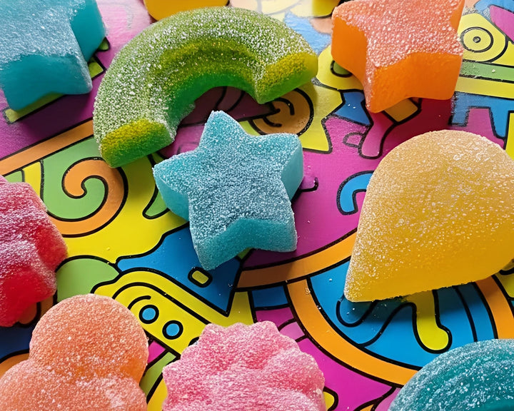 Colorful cannabis gummies in fun shapes on a psychedelic background, YumGummies Cape Town