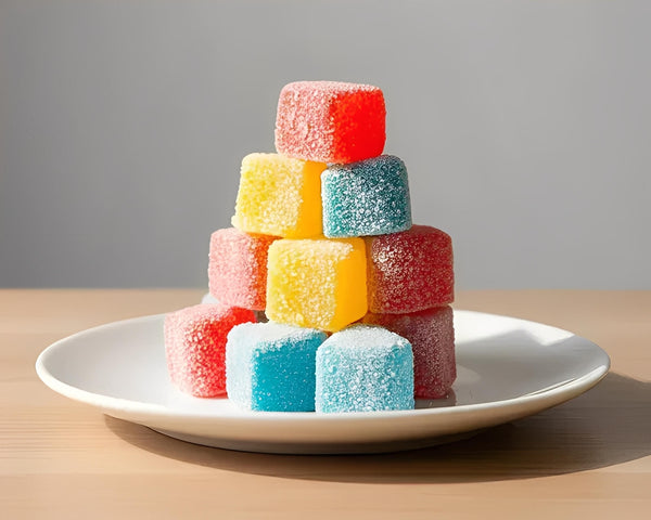 Colorful cannabis gummy edibles stacked on a white plate, Cape Town South Africa