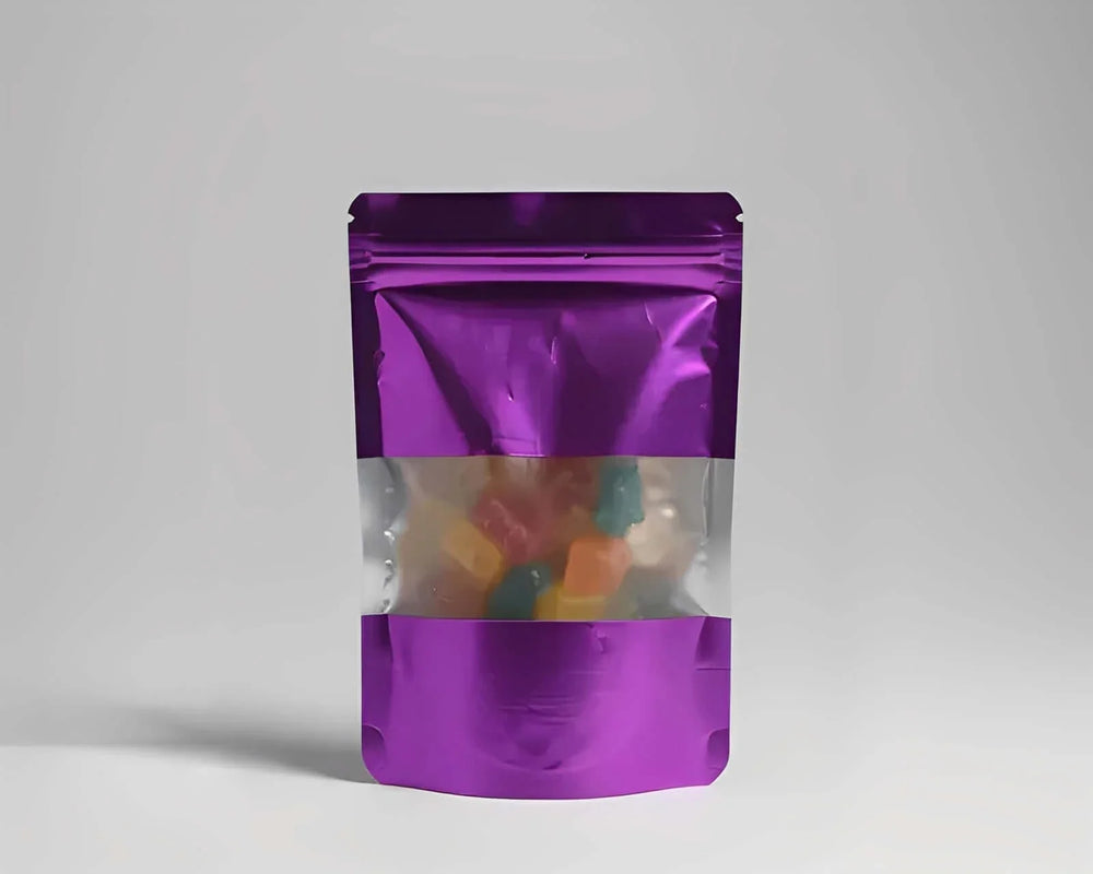 Purple resealable bag with assorted gummy candies, plain background, Cape Town, South Africa