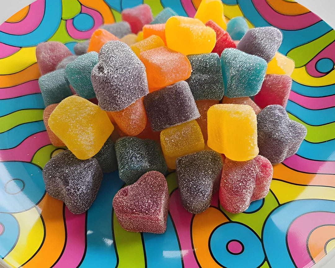 Colorful heart-shaped and square cannabis gummies on a vibrant patterned plate