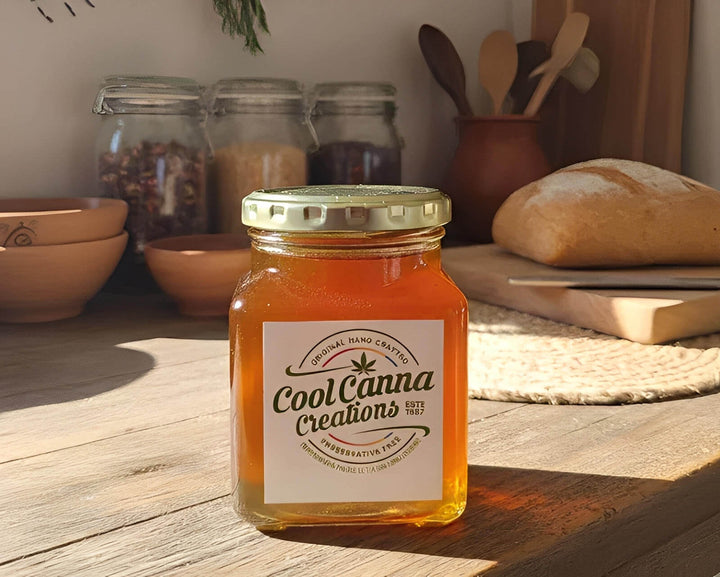 Cool Canna Creations cannabis honey jar on wooden kitchen table in Cape Town, South Africa
