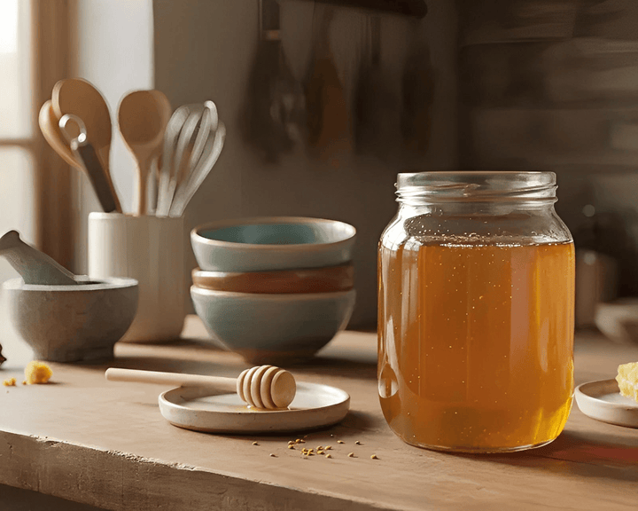 Jar of golden cannabis honey on a rustic kitchen table in Cape Town, South Africa