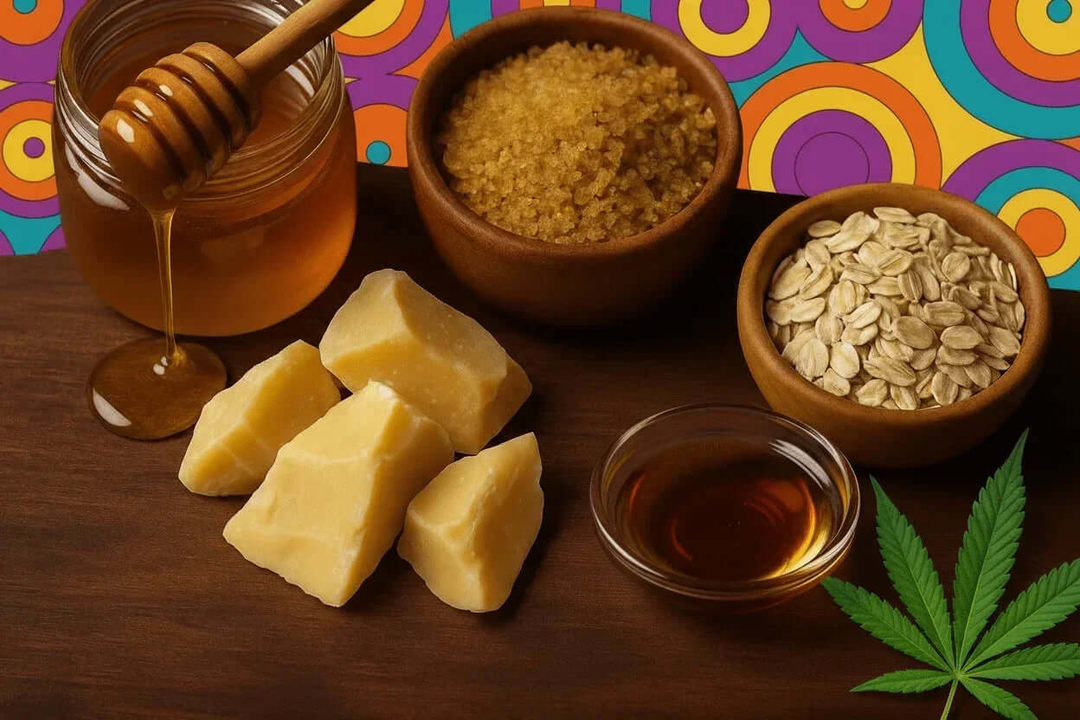 Honey, butter, oats, and cannabis buds on a wooden surface