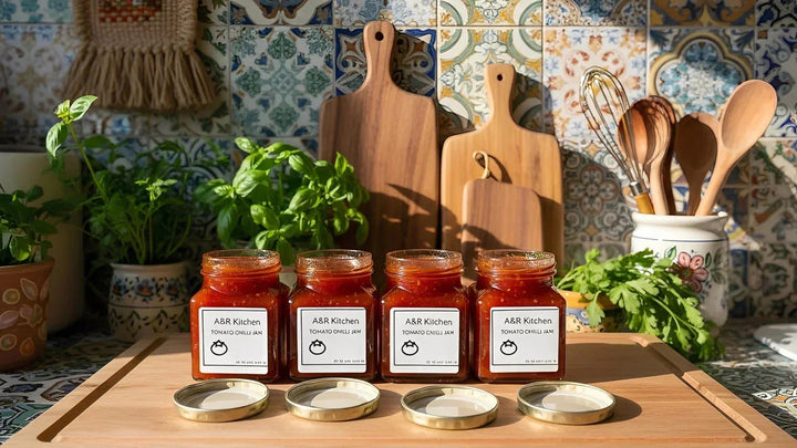 Jars of A&R Kitchen Tomato Chilli Jam with lids on a light surface