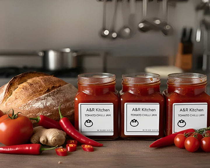 A&R Kitchen tomato chilli jam jars with bread, tomatoes, ginger, and red chili peppers in kitchen