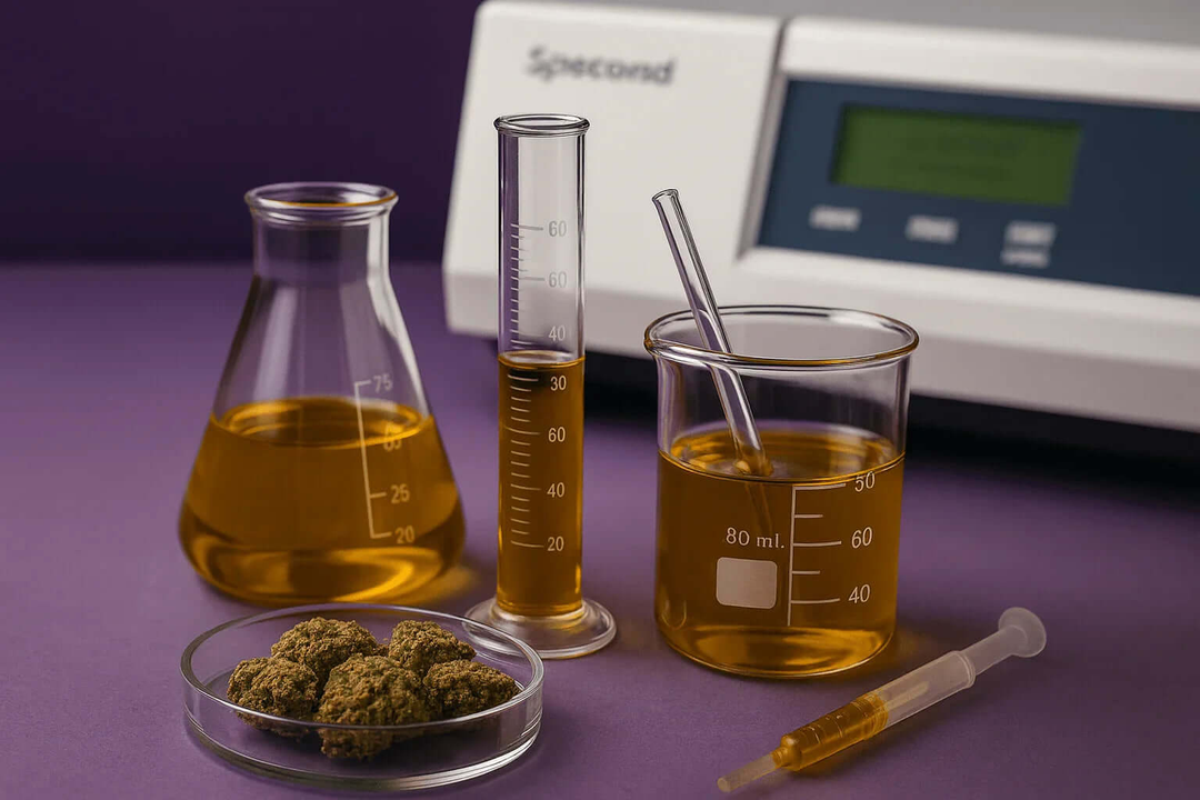 Lab equipment with cannabis buds and a device labeled 'Spectroline' on a purple background