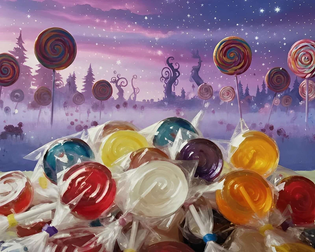 Assorted colorful lollipops in wrappers with a whimsical candy landscape background at sunset