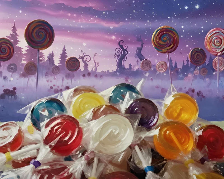 Assorted colorful lollipops in wrappers with a whimsical candy landscape background at sunset