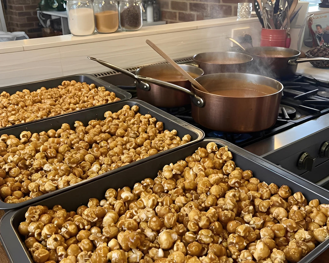 Trays of caramel popcorn cooling on a kitchen counter with pots on a stove, brick wall background