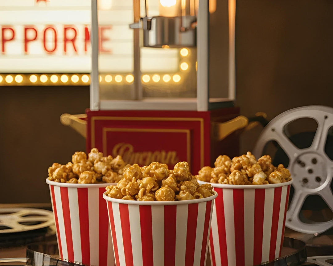 Striped buckets of caramel popcorn in front of a vintage popcorn machine and film reel