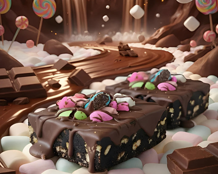 Chocolate rocky road cannabis edibles with candy toppings on a marshmallow landscape in Cape Town