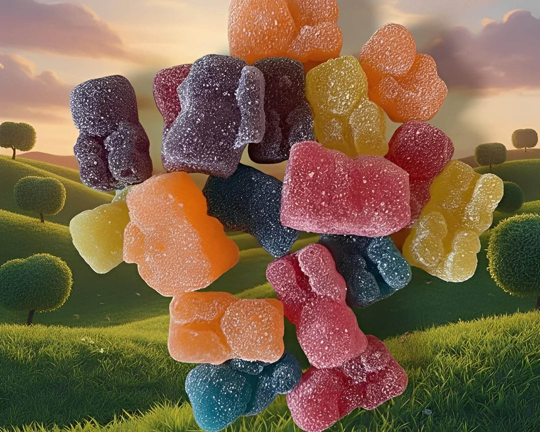 Colorful gummy bears on a multicolored patterned background