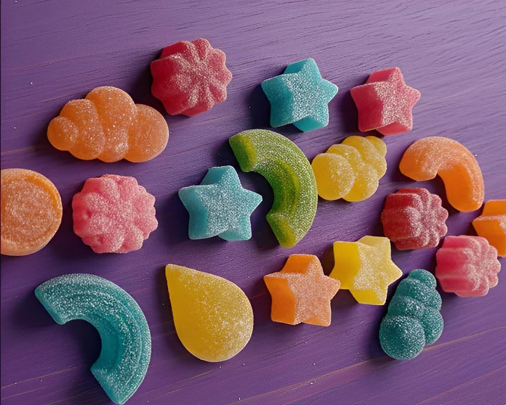 Assorted colorful cannabis gummies on a purple wooden table, Cape Town South Africa