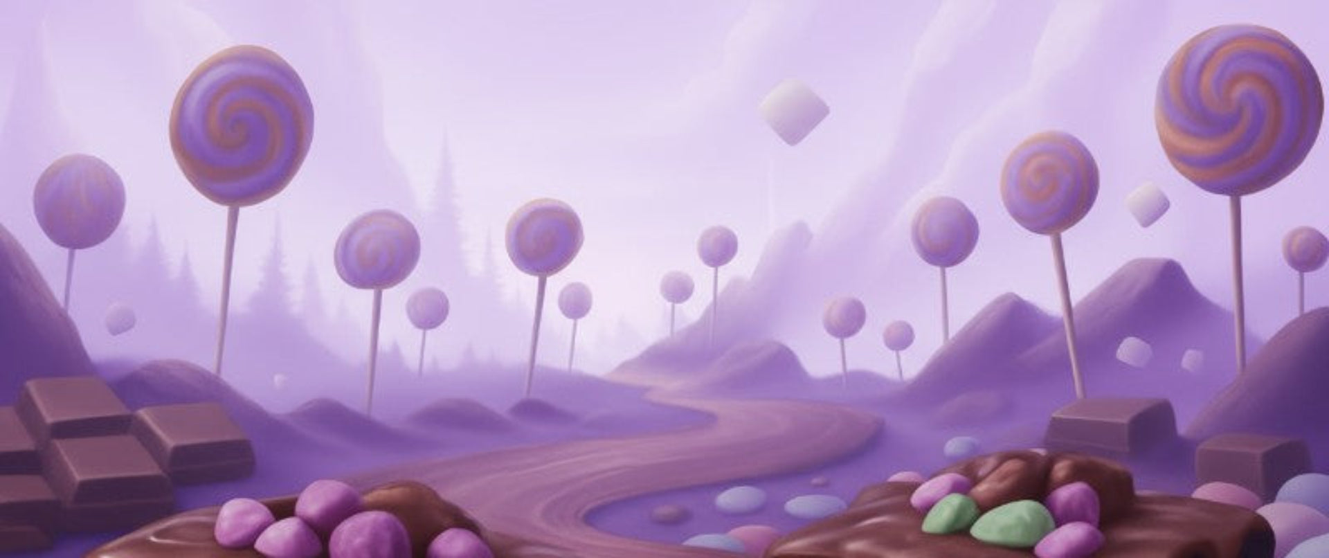 Fantasy candy landscape featuring chocolate desserts, candy trees, and colorful sweets on a vibrant purple background
