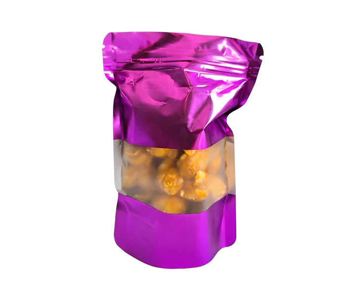 Purple stand-up pouch with cannabis popcorn inside, visible through a clear window, on white background.