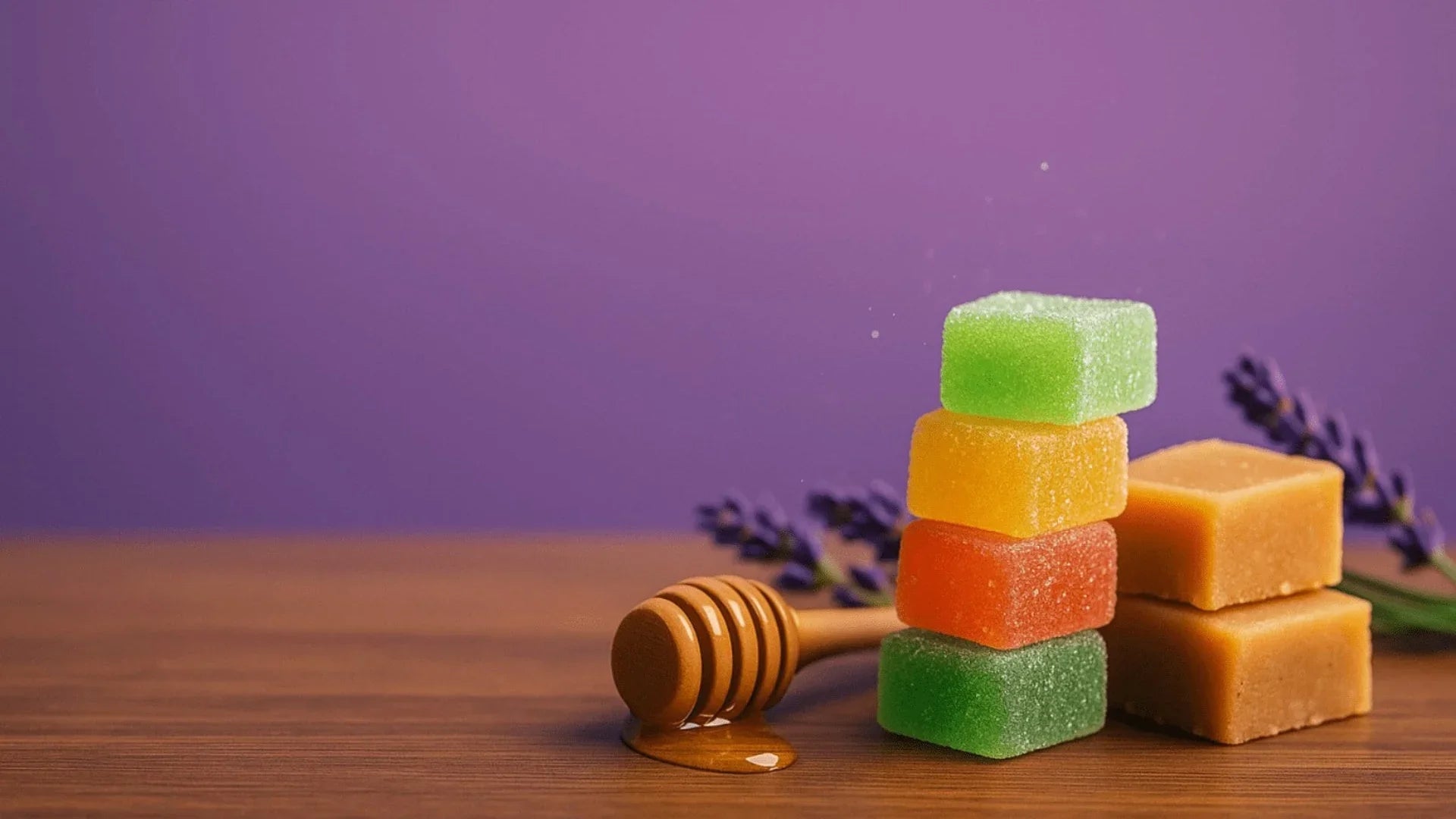 Colorful gummy bears stacked on a wooden surface with a honey dipper and lavender flowers.