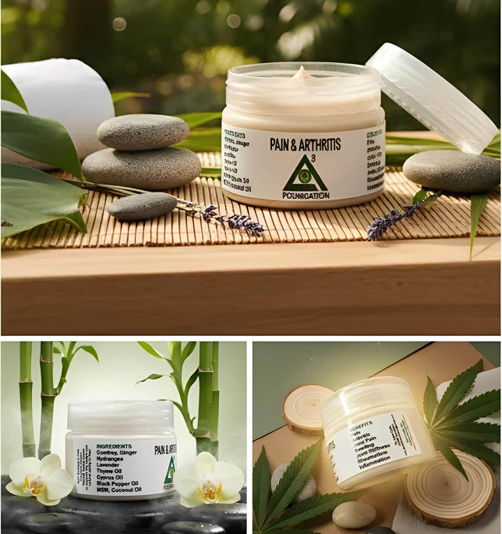 CBD pain and arthritis cream jar with natural elements, Cape Town South Africa