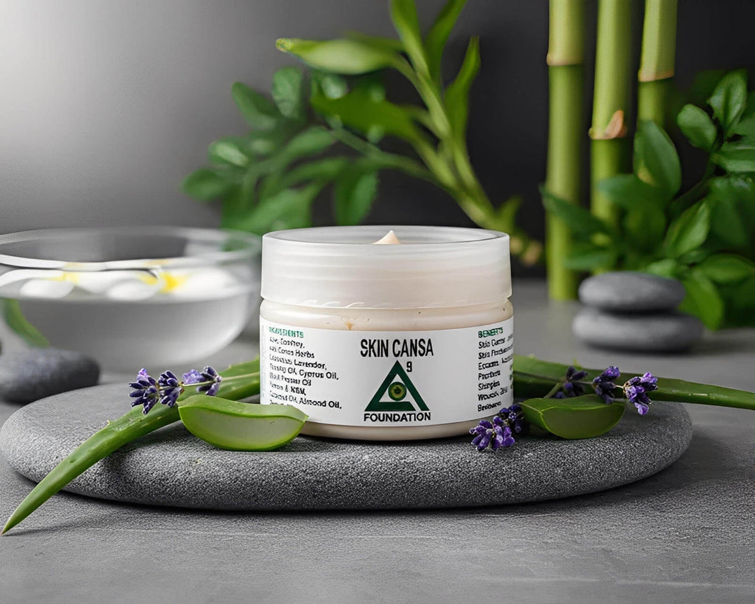 Skin Cansa CBD cream jar with aloe vera, lavender, and bamboo, spa stones, Cape Town