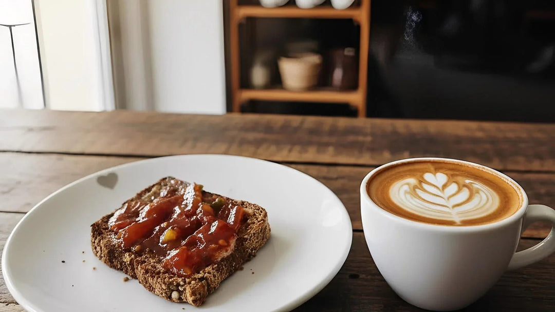 Slice of bread with jam on a white plate