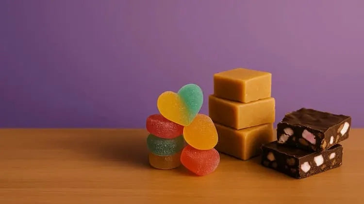 Assorted candies and chocolate bars on a wooden surface with a purple background