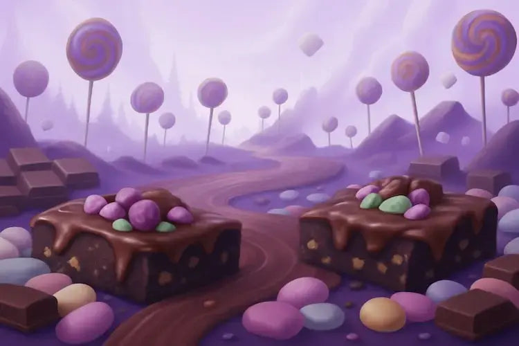 Cartoon-style candy landscape featuring chocolate bars, lollipops, and colorful sweets on a vibrant purple background