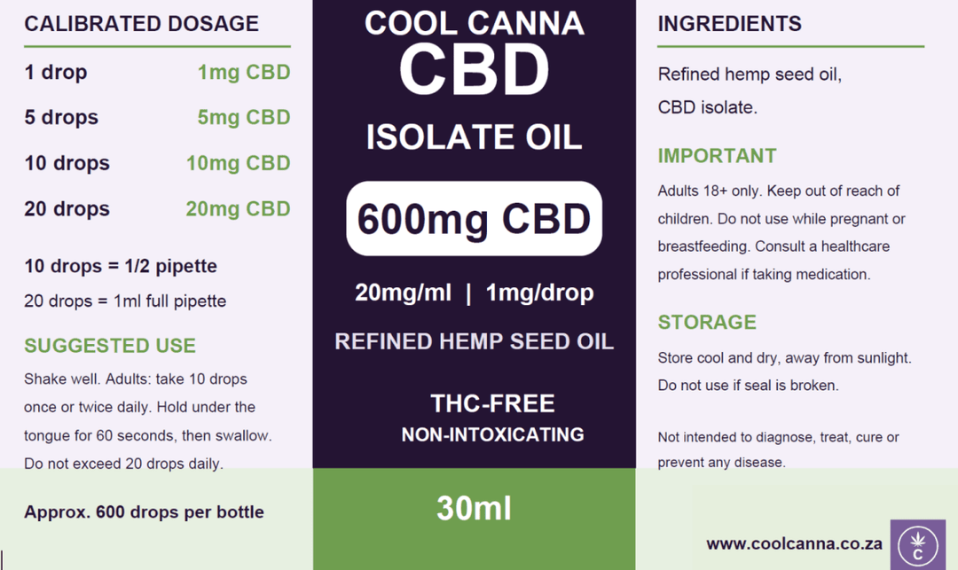 CBD Isolate Oil 600mg 30ml Label and Dosage Information – Cool Canna.