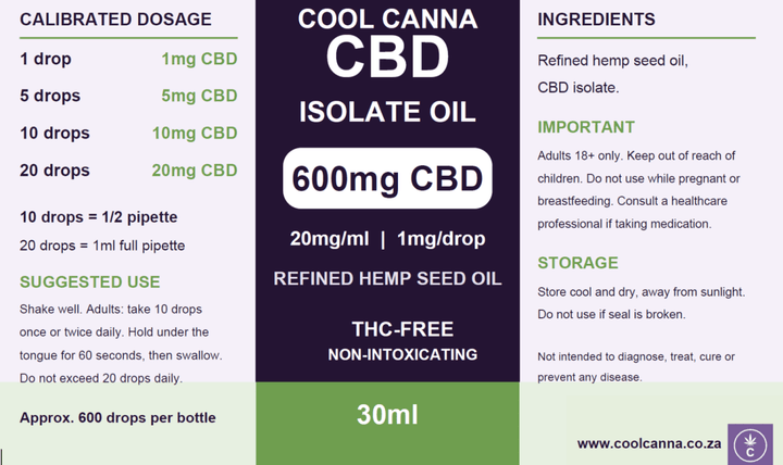 CBD Isolate Oil 600mg 30ml Label and Dosage Information – Cool Canna.