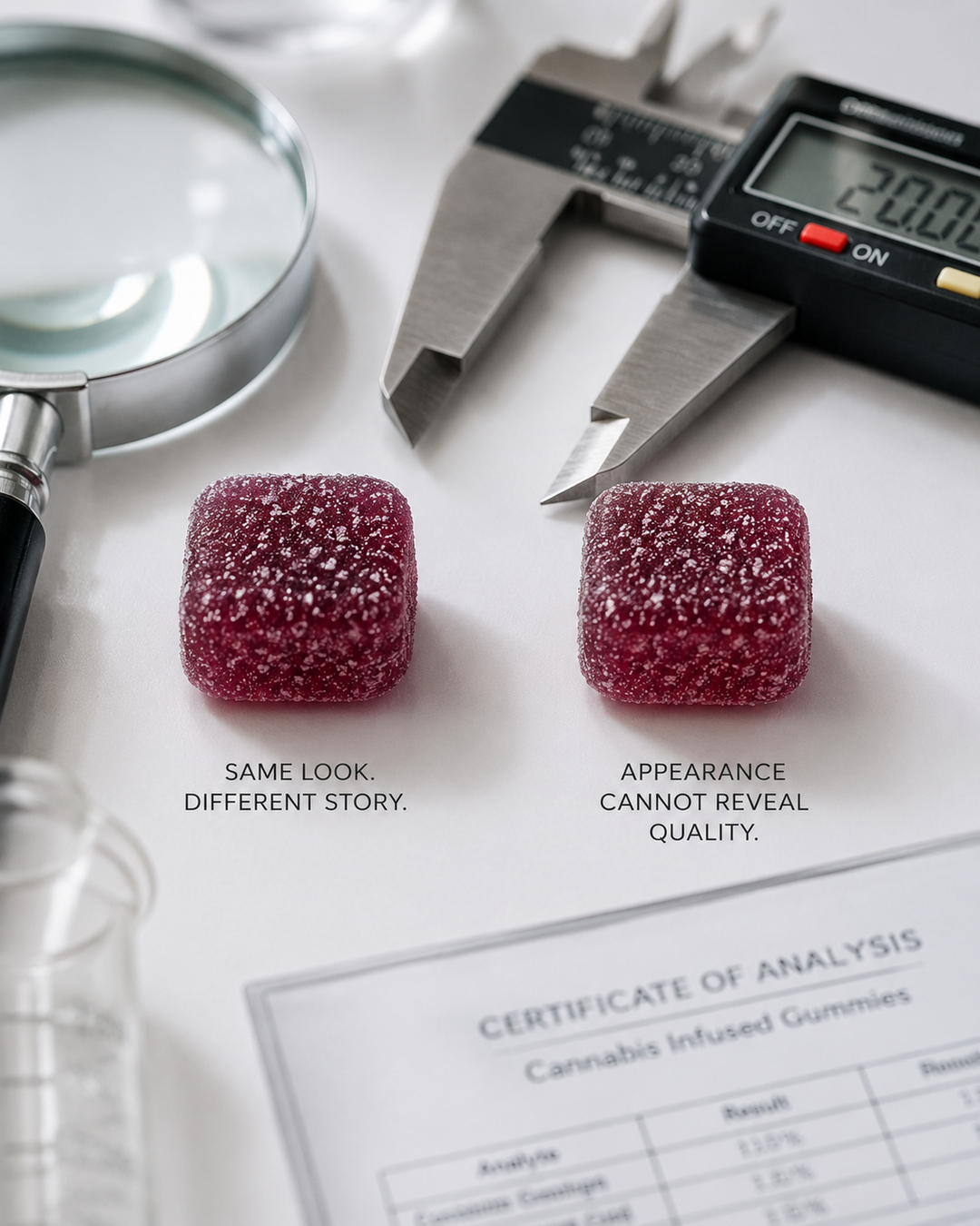 Two square dark red gummy candies with a textured, sugar-coated surface are displayed on a white surface with a magnifying glass, calipers, and a certificate of analysis in the background. Text overlays read 'SAME LOOK.