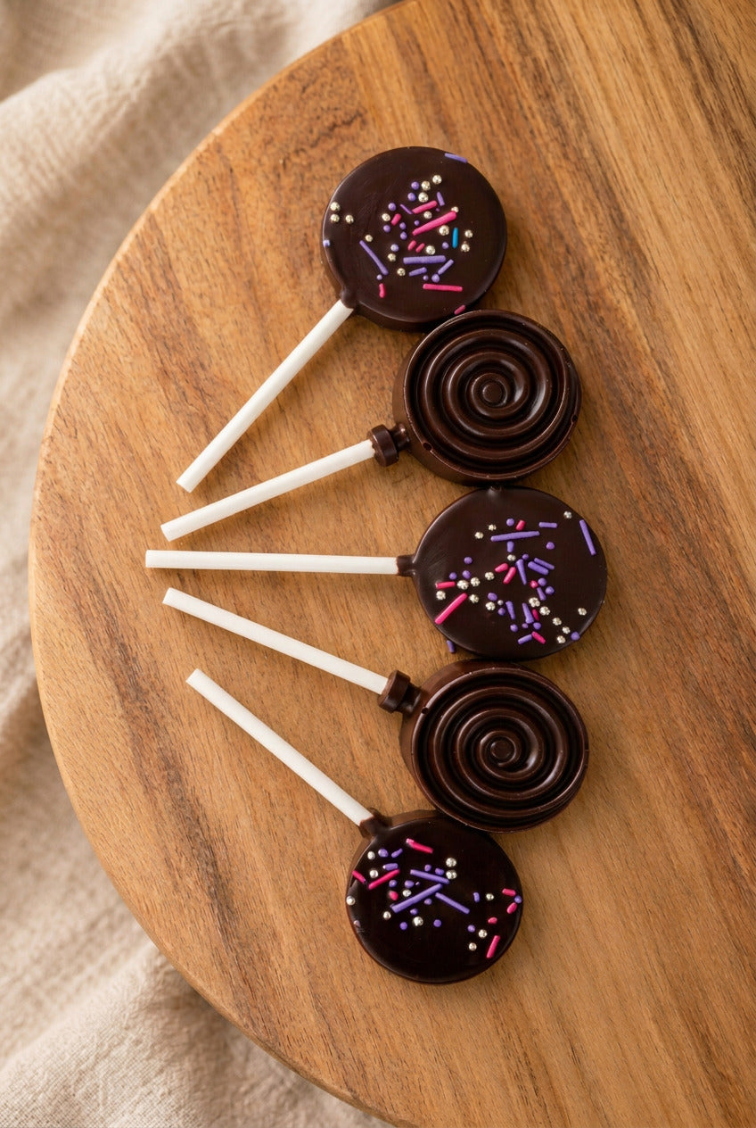 Five chocolate lollies with spiral patterns and colourful sprinkles on a wooden board.