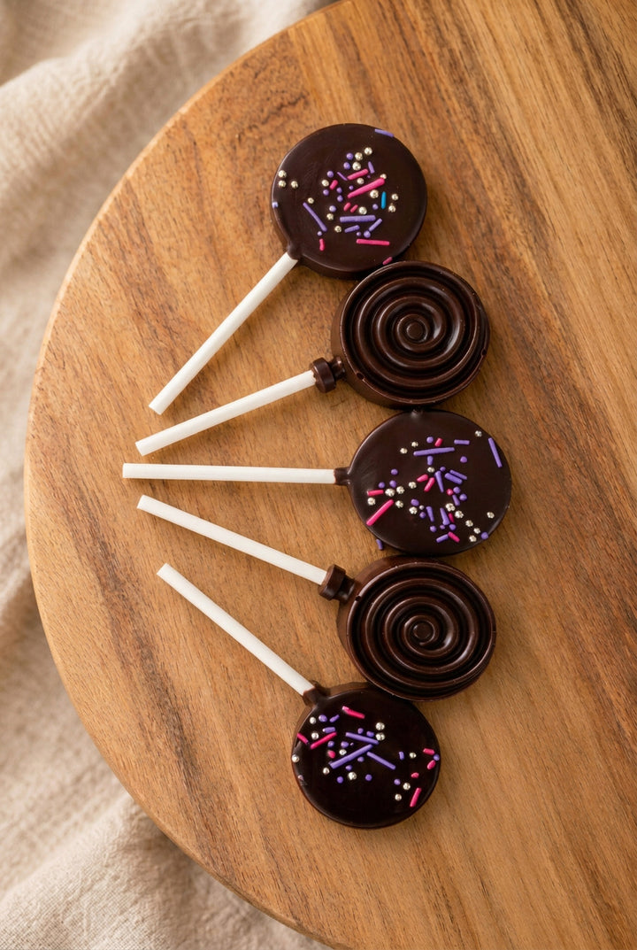 Five chocolate lollies with spiral patterns and colourful sprinkles on a wooden board.