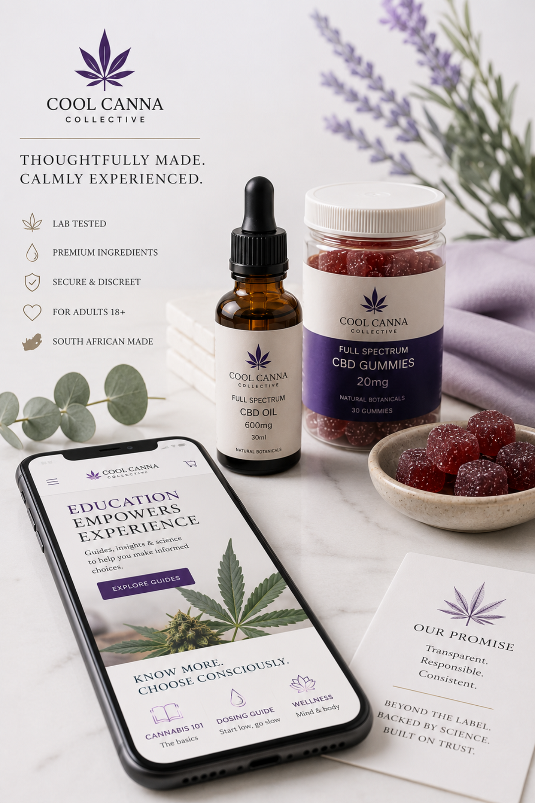 Cool Canna Collective CBD products arranged on a white surface with decorative greenery and lavender. Visible items include a CBD oil dropper bottle, a jar of CBD gummies, a smartphone showing the brand's app, and branded cards.