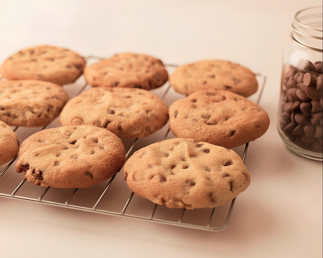 Chocolate chip cookies on a cooling rack with a jar of chocolate chips in the background.
