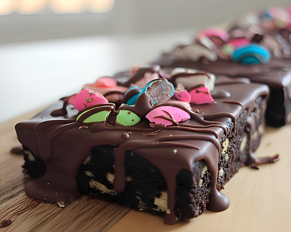 Chocolate-covered treats with colorful toppings on a wooden surface